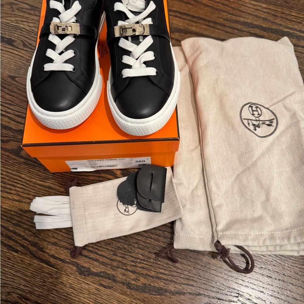 Hermes Black and White Leather Sneakers